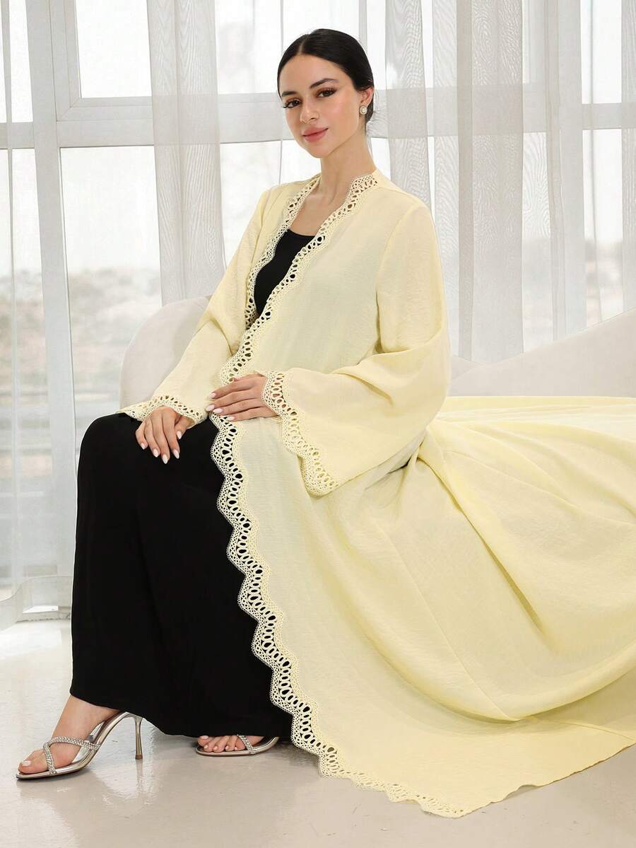 Yasmyna Women's Lace Patchwork Casual Abaya For Gatherings And Outings - Yellow - View 1