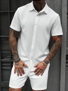 Manfinity Homme Conjunto de 2 piezas de camisa de manga corta y pantalones cortos de unicolor con textura para hombre - Blanco - Ver 4