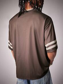 Nick 90s | SHEIN Men's V-Neck Striped & Letter Print Casual Short Sleeve T-Shirt - Brown - View 2