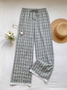 Comfortcana Women's Plaid Textured Contrast Lace Long Pants - Multicolor - View 5