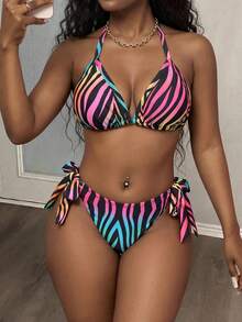 Maweii Plus Size Contrasting Zebra Print Halter Cami Strap Fashion Summer Bikini Set Set Vacation - Multicolor - View 4