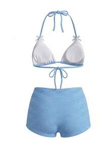 Sweetra Kvinnors söta rutiga texturerade triangelkupbikini - Babyblå - Visa 3