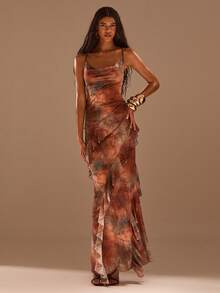 Opulessa Vestido ajustado con volantes y estampado de malla de punto para mujer, ideal para vacaciones de primavera y verano - Caqui - Ver 5