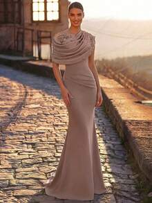 Aureia Elegant Elastic Knit Contrast Mesh Mermaid Hem Dress,Luxurious Asymmetric Ruffled Shoulder With Floral Applique,Beaded & Rhinestone For Evening Party - Dusty Pink - View 3
