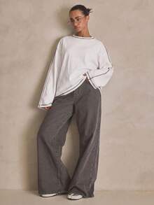 MUSERA Washed Oversized Long Sleeve Top Summer, Sporty, Casual, Day, Streetstyle, Streetwear Spring - White - View 4
