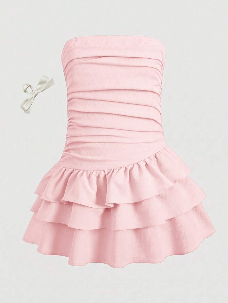 SHEIN Tween Girls' Summer Casual Vacation Minimalist Comfortable Layered Ruffle Trim Tube Top Dress - Pink - View 1