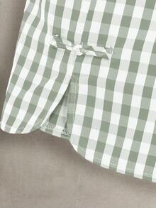 SHEIN LUNE CURVE 加大码女式夏季休闲/通勤黑白格子弹力腰圆边开衩设计中国结装饰纽扣短裤 - 綠色 - 查看 3