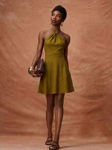 Zivah Women's Textured Pleated Halter Neck Tie Waist Dress, Elegant - Mustard Yellow - View 3