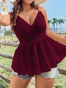 Flirla Plus Size Solid Color Spaghetti Strap V-Neck Summer Tank Top With Lace Trim - Burgundy - View 6