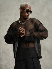 PAVTROS Men's Round Neck Long Sleeve Knitted Mesh T-Shirt, Suitable For Spring/Summer Casual Daily Life, Travel And Vacation Wear - Black - View 5