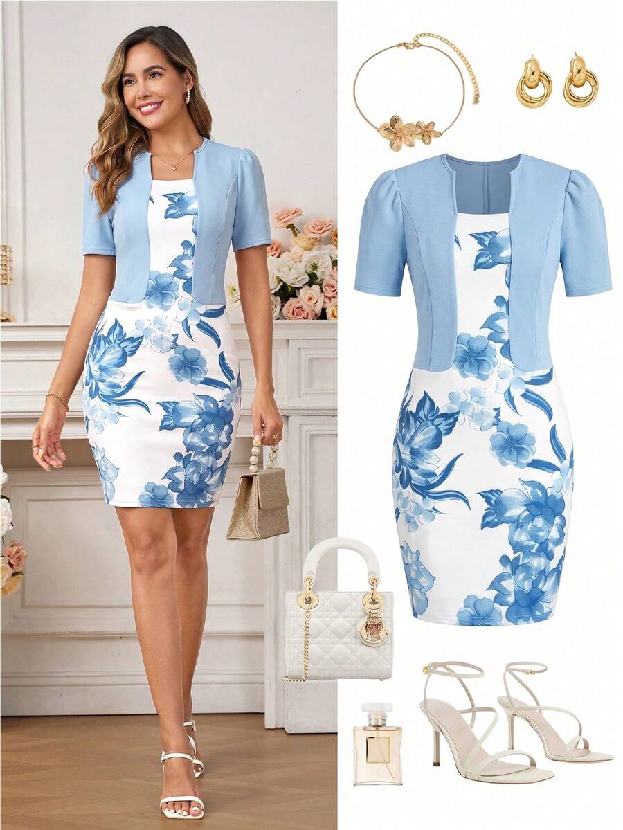 Ellevyn Women's Floral Print Dress And Solid Color Pleated Cardigan Casual Daily Outfit Set - Baby Blue - View 1