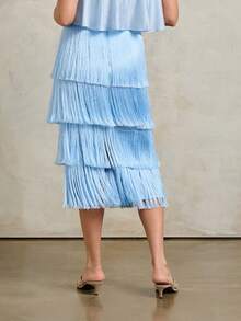 Rouah Women's Single Piece High-Waist Slim-Fit Silhouette Tiered Layered Fringe Tassel Detailing Solid Light Blue Chic Elegant Midi Skirt For Party Club - Blue - View 2