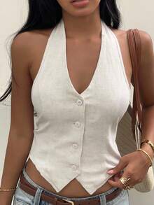 SHEIN EZwear 女士夏季亚麻系带露背薄款西装外套，秋冬季款 - 杏色 - 查看 4