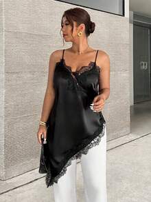 Firerie Plus Size Elegant Lace Trim Asymmetric Hem Camisole For Summer - Black - View 1