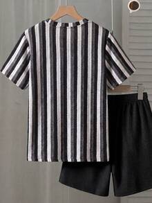 Setelan Kaos Lengan Pendek dan Celana Pendek Bergaris Saku Kasual Musim Panas untuk Anak Laki-Laki Remaja - Hitam - View 4