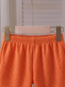 Souflis Souflis Young Boy Summer Beach Vacation Colorblock Striped Print Textured Fabric Short Sleeve T-Shirt And Waffle Fabric Shorts Set - Orange - View 6