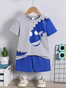 2pcs/Set Boys' Colorblock Dinosaur Print T-Shirt And Shorts Set, Children Casual Daily Wear Cartoon Top And Shorts Outfit - Royal Blue - View 6