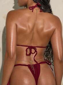 Swim SXY Set Pakaian Renang Wanita Model Brad Style Seksi dengan Cup Mini dan Tali Simpul Pita - Burgundy - View 2