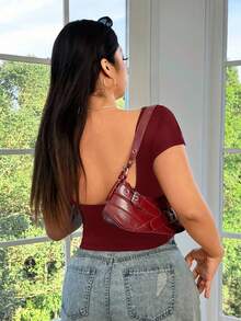 SHEIN EZwear Plus Size Wine Red Backless Tight Fitting Short Sleeve T-Shirt, Summer Fashion - Burgundy - View 5