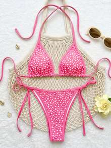 Swim Vcay 女款夏季新款掛脖繫帶花卉飾邊雛菊吊墜低腰三角比基尼套裝 海灘粉色花卉性感 - 玫紅色 - 查看 3