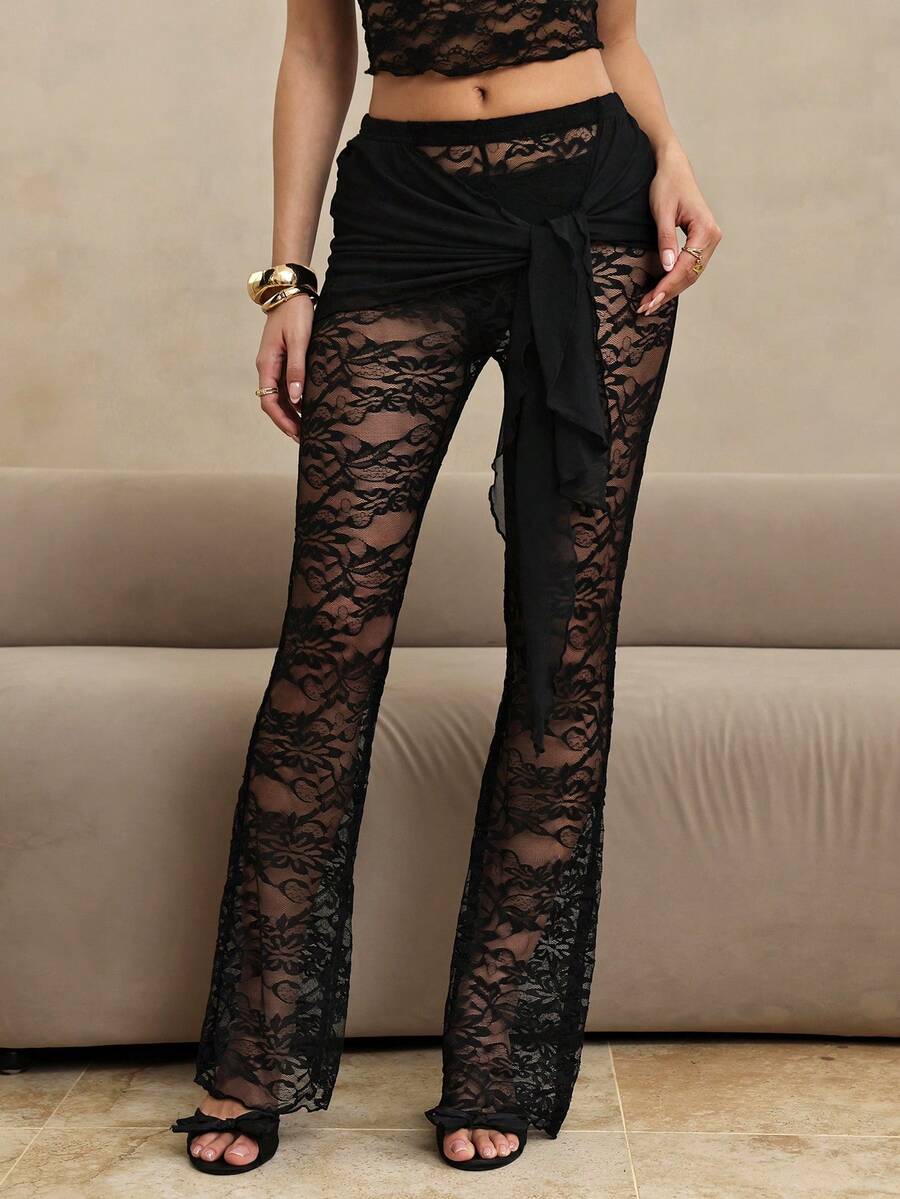 HautHeat Quần pajama nữ cạp chun, buộc dây ren phía trước - màu đen - Xem 1