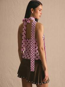 MUSERA Áo kiểu chấm bi cổ yếm buộc dây dáng suông, thích hợp cho mùa xuân hè, ấm áp, dễ thương, mặc hàng ngày, nữ tính, đi nghỉ mát, dự tiệc, lễ hội, ngày lễ. - Hồng - Xem 3
