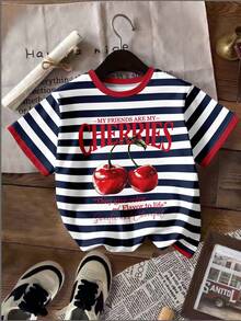 Divinelle Casual Minimalist Blue Striped Red Contrast Cherry Letter Print Round Neck Short Sleeve Loose T-Shirt For Women, Versatile, Nautical Style, Suitable For Spring/Summer,Summer Top - Multicolor - View 7