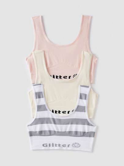 Chillnights 3pcs Seamless Women's Underwear, Minimalist Letter Design Sports Bras, High Elasticity Soft Comfortable Fit