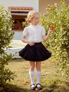 DAZY Young Girl Plain Short Petal Sleeve Single-Breasted Casual Shirt - White - View 8