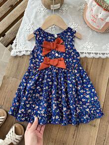 SHEIN 女婴连衣裙，1件套休闲可爱日常秋季穿搭，棕色蝴蝶结装饰无袖蓬蓬裙 - 寶藍色 - 查看 8