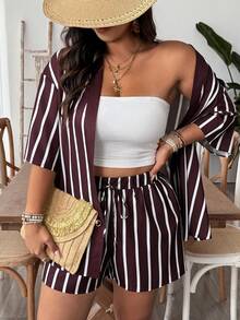 SHEIN VCAY 2pcs Plus Size Striped Short Sleeve Jacket Set, Casual Fashionable, Suitable For Daily Wear And Vacation - Coffee Brown - View 1