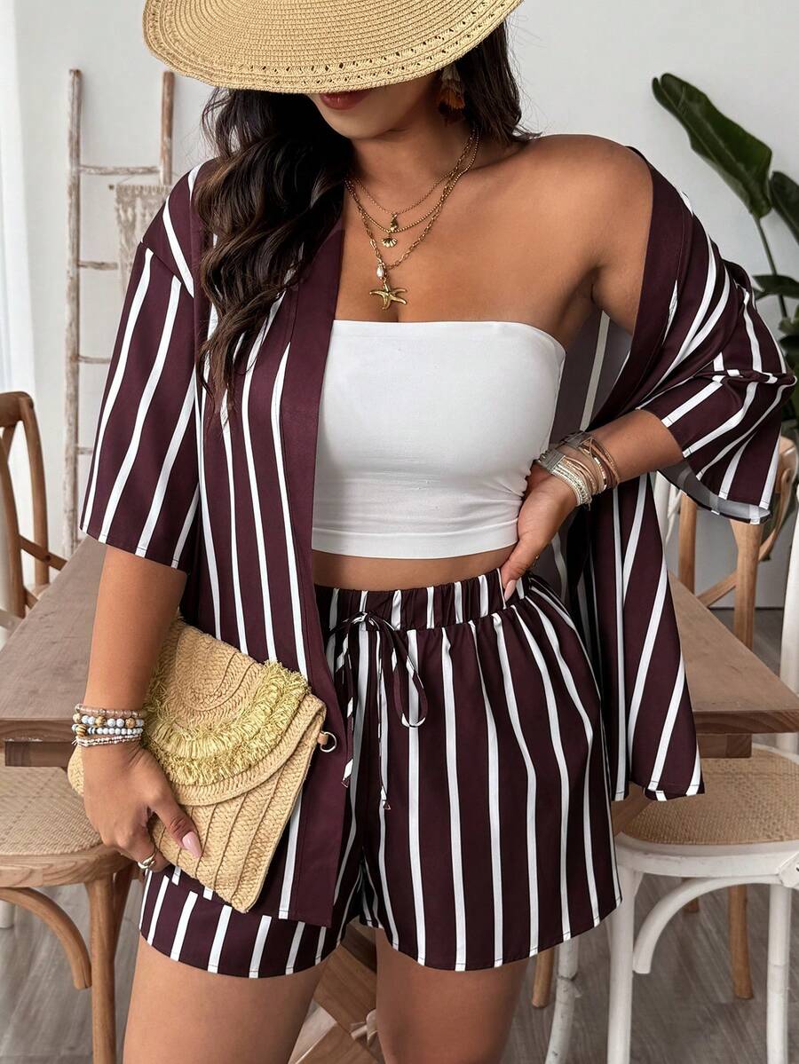 SHEIN VCAY 2pcs Plus Size Striped Short Sleeve Jacket Set, Casual Fashionable, Suitable For Daily Wear And Vacation - Coffee Brown - View 1