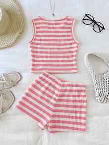 SHEIN Tween Girl Casual Comfortable Round Neck Sleeveless Starfish Decor Striped Tank Top And Shorts 2-Piece Set - Pink - View 2