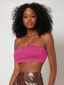 SHEIN BASICS 女士纯色抹胸露脐上衣，性感夏季 - 玫紅色 - 查看 4