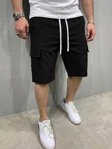 Manfinity Homme Men's Casual Solid Color Cargo Shorts, Summer - Black - View 1