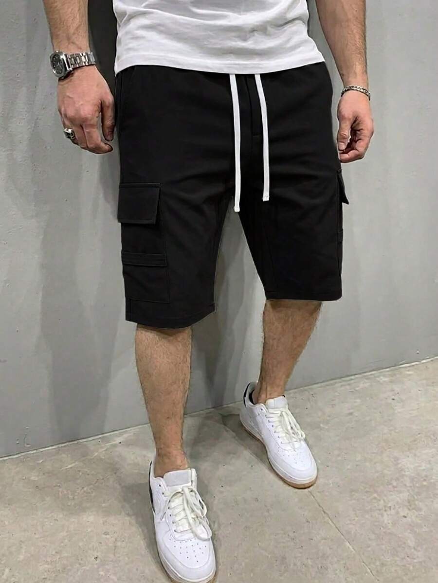 Manfinity Homme Men's Casual Solid Color Cargo Shorts, Summer - Black - View 1