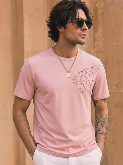 HIMLAND Men's Casual Versatile Daily Wear Round Neck Short Sleeve T-Shirt ,3D Embossed T-Shirt, Geometric Print Shirt, Textured Chest Design, Raised Pattern Tee, Muscle Fit T Shirt Men, Slim Fit Tee, Premium Crewneck, Stretch Cotton Top, Dusty Pink Shirt Men,  Muted Rose T-Shirt, Pastel Pink Tee, Luxury Resort Wear, Smart Casual Men, Men's Summer Premium Slim Fit Dusty Pink T-Shirt With 3D Geometric Embossed Logo, Sophisticated Smart Casual Short Sleeve Top For Summer Vacation And Dates, Soft Stretch Fabric Crew Neck Tee With Subtle Animal Geometric Texture