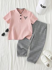 SHEIN Bộ 2 món áo polo hồng và quần short kẻ caro cho bé trai, trang phục thường ngày. - Nhiều màu - Xem 1