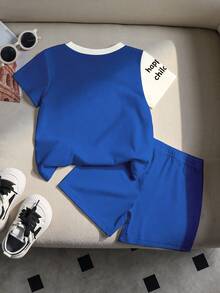 1 Random Set,  Boys Casual Cute Cartoon Animal Pattern Patchwork Blue Contrast Color Crew Neck T-Shirt And Shorts Printed Pattern Set, - Multicolor - View 3
