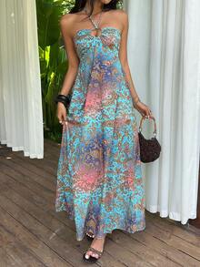 Sunnyshic Đầm gợi cảm cổ yếm in họa tiết retro dành cho nữ, thích hợp mặc đi biển mùa hè. - Nhiều màu - Xem 1