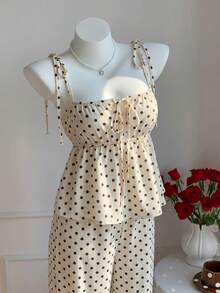 Conjunto de 2 piezas de camiseta de tirantes y pantalones con estampado de lunares, estilo casual de primavera para mujer. Conjunto de 2 piezas de lunares lindo para verano - Amarillo claro - Ver 3