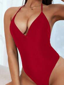 Swim SXY Women's Summer Sexy Beach Vacation Solid Color Ruched Backless Tie Front One-Piece Swimsuit - Red - View 4