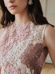 Anewsta Koleksi Terbaru Musim Semi/Panas, Atasan Kasual Tanpa Lengan Elegan dengan Leher Bulat dan Kain Renda Daun Warna-warni untuk Wanita - Berwarna merah muda - View 2