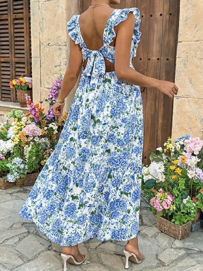 SHEIN Đầm bầu in hoa, tay ngắn, buộc dây phía trước