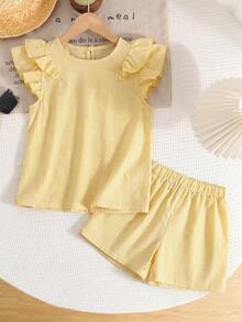 SHEIN LMoss Kids Bộ đồ 2 món cho bé gái tuổi teen: Áo kiểu cổ tròn bèo nhún thoải mái và quần dài. - Màu vàng - Xem 1