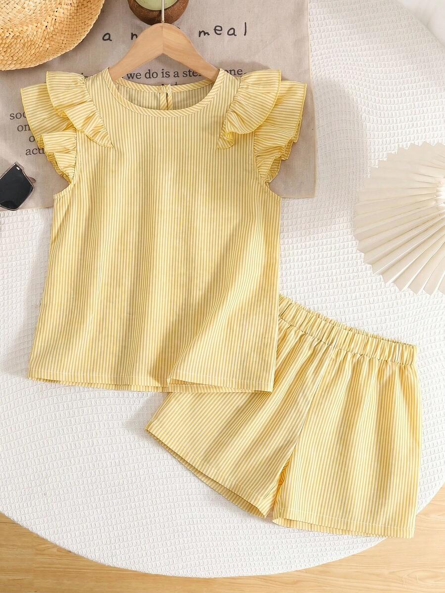 SHEIN LMoss Kids Bộ đồ 2 món cho bé gái tuổi teen: Áo kiểu cổ tròn bèo nhún thoải mái và quần dài. - Màu vàng - Xem 1