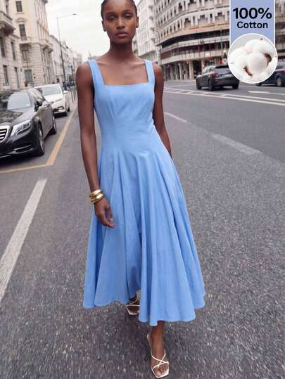 Maija Blue Sleeveless Tie-Up Backless Waist Cinched Dress, Casual Urban Resort Holiday Minimalist Style Country Dress Vacation Outfits Women São João Summer Festival Wedding Guest Dress For Women Beach Blue Dress Casual Dresses For Women Graduation  Going Out Outfits