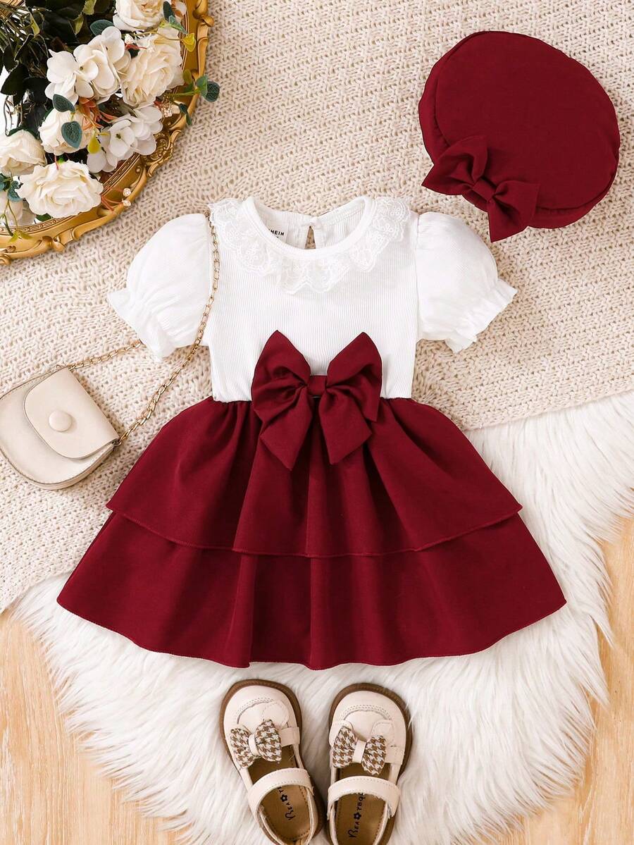 Souflis Souflis Conjunto de 2 piezas de vestido de manga corta con cuello de encaje y sombrero, lindo y dulce, para niñas bebés, adecuado para vacaciones de verano y fiesta - Multicolor - Ver 1