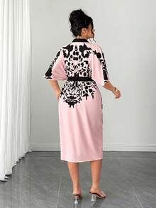 Elenzga Plus Size Women's Fashionable Elegant Batwing Sleeve V-Neck Open Front Bodycon Dress - Pink - View 2