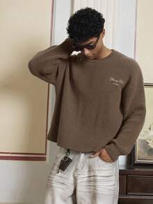 SWAVVY Men's Casual Letter Embroidery Round Neck Ribbed Knit Drop Shoulder Sweater, Autumn/Winter - Brown - View 4